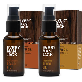 Every Man Jack Hydrating Beard Oil front view with Aged Bourbon and Sandalwood Teak scent