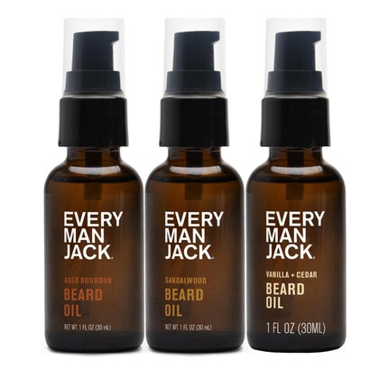 Every Man Jack Hydrating Beard Oil Gift Set packaging with three bottles
