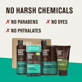 Every Man Jack products arranged on a bathroom shelf