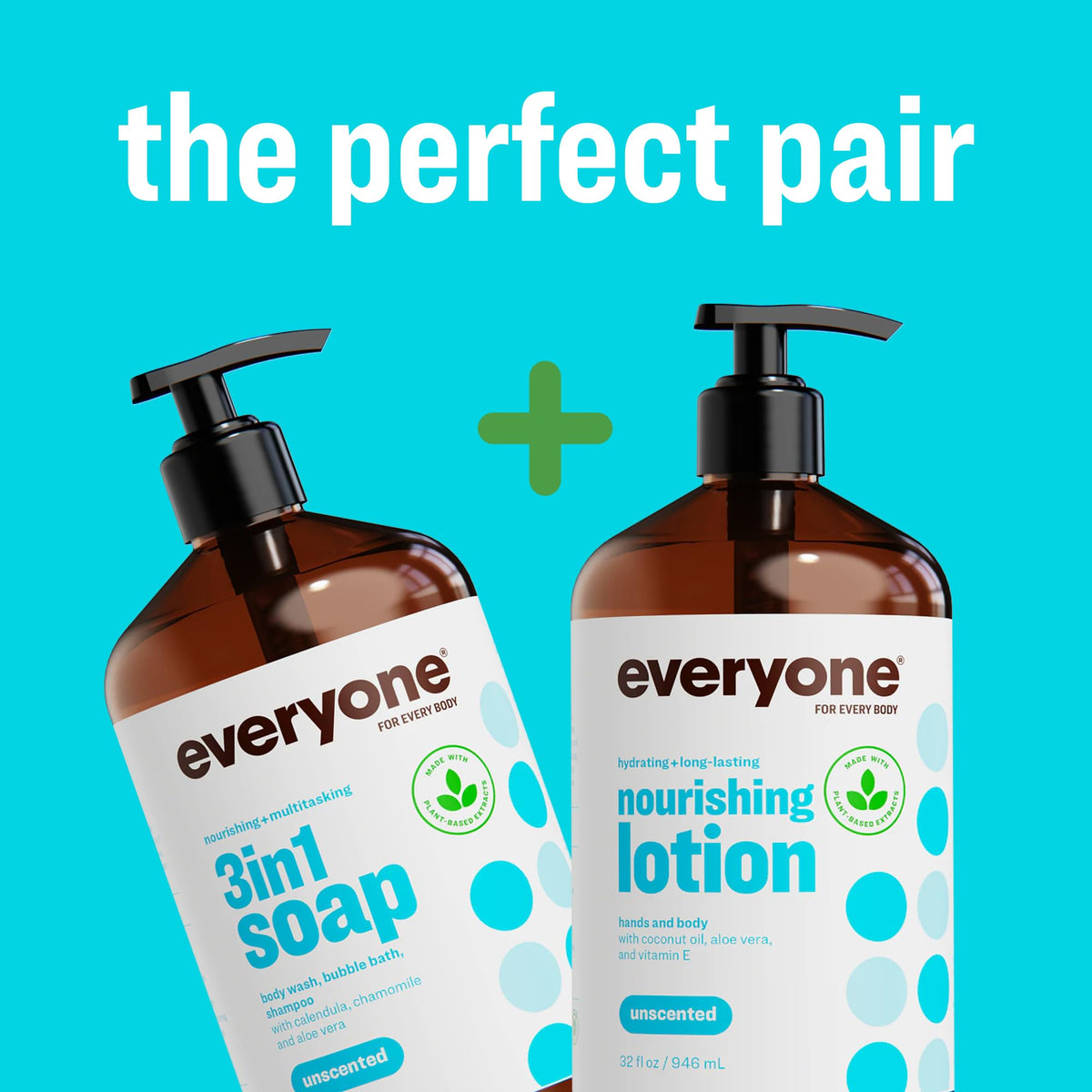 everyone 2-in-1 Hand & Body Lotion 32 oz bottles with natural background