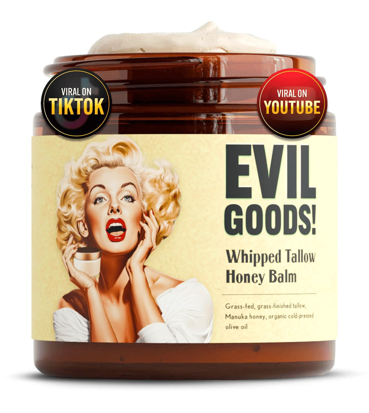EVIL GOODS Unscented Whipped Tallow Honey Balm 4oz jar front view