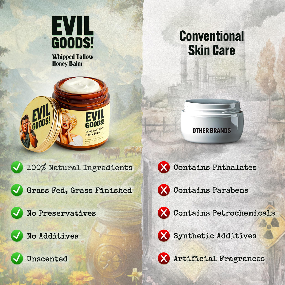 EVIL GOODS Unscented Whipped Tallow Honey Balm 4oz jar side view