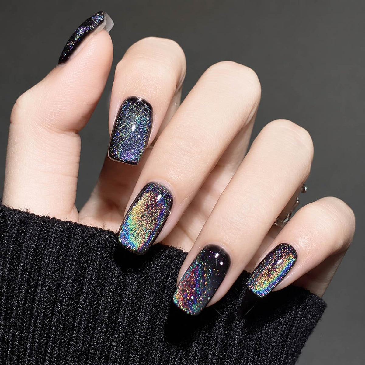 evpct Black Chrome Metallic Glitter Cat Eye Press on Nails front view