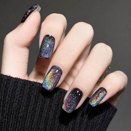 evpct Black Chrome Metallic Glitter Cat Eye Press on Nails front view