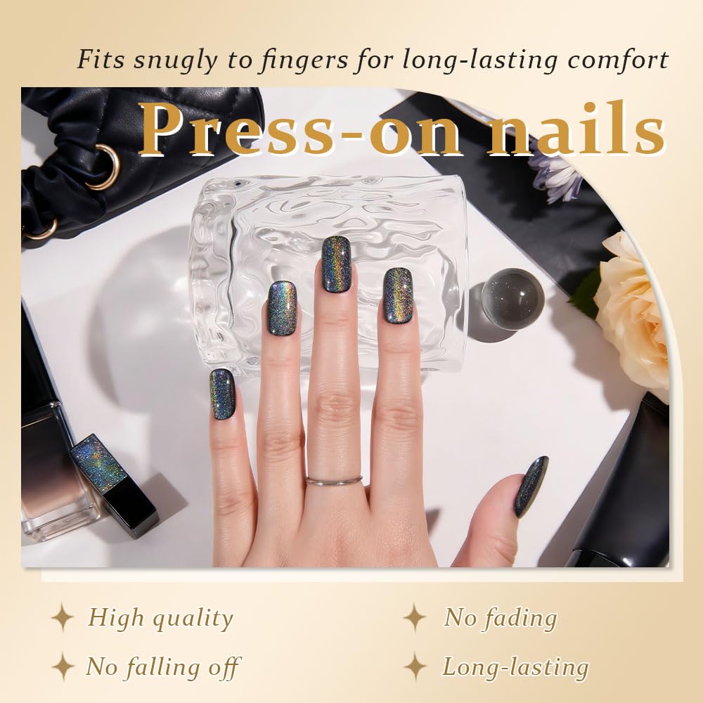 evpct Black Chrome Press on Nails displayed with cuticle stick and clean pad
