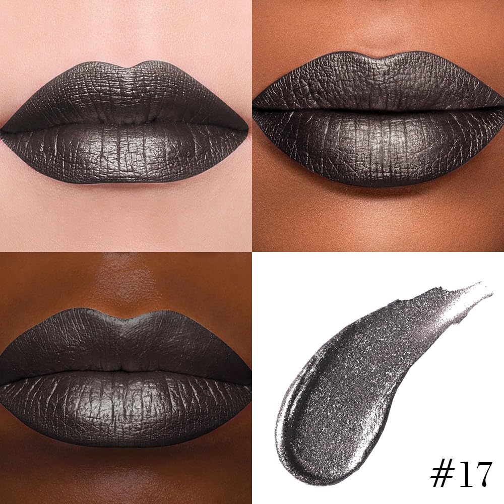 evpct Black Metallic Glitter Lip Liner and Lipstick Combo applied on lips