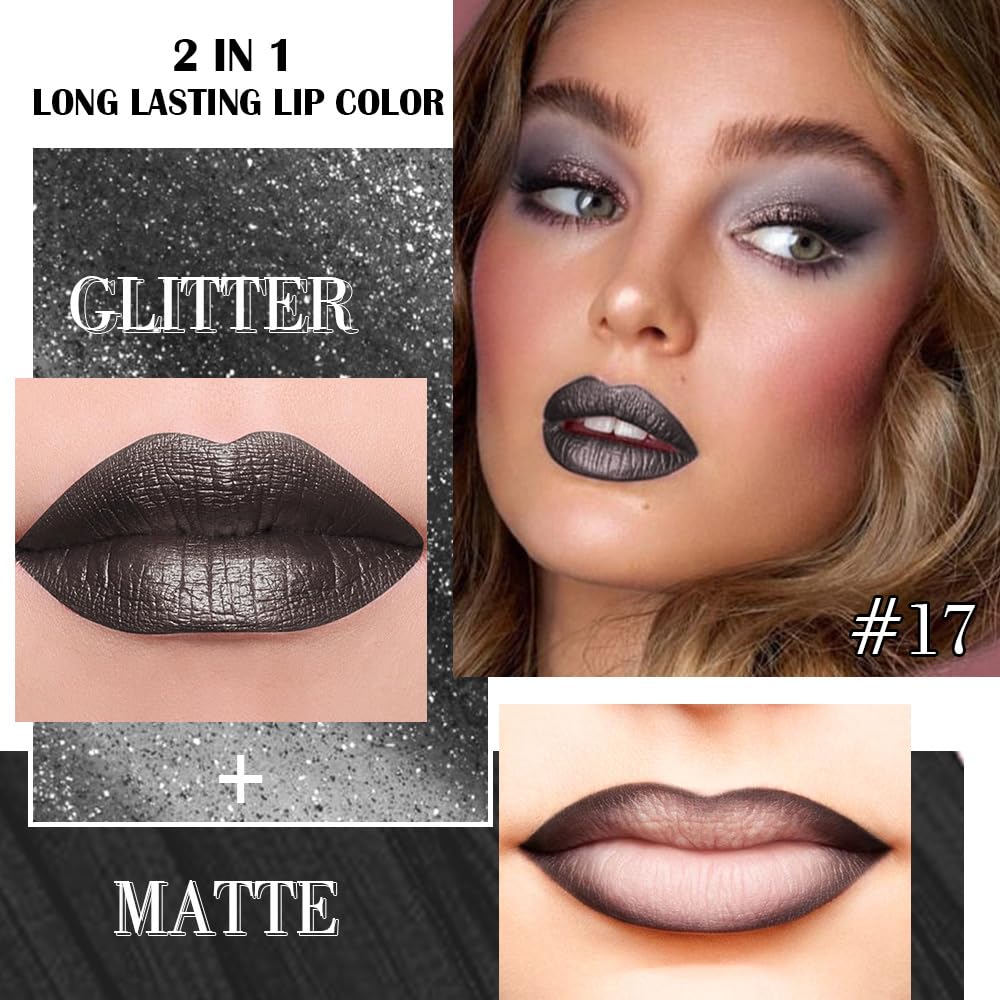 evpct Black Metallic Glitter Lip Liner and Lipstick Combo close-up of dual ends