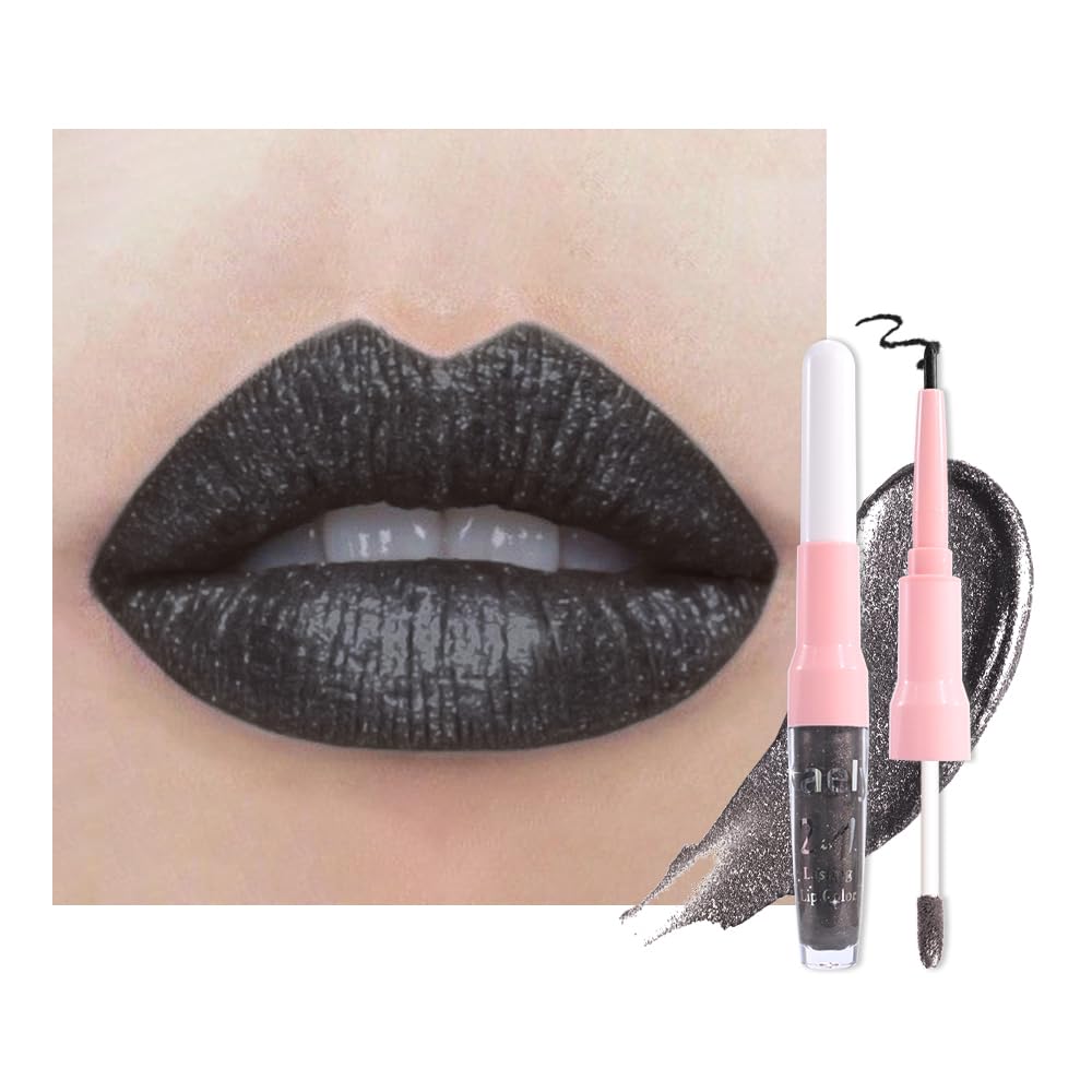 evpct Black Metallic Glitter Lip Liner and Lipstick Combo front view