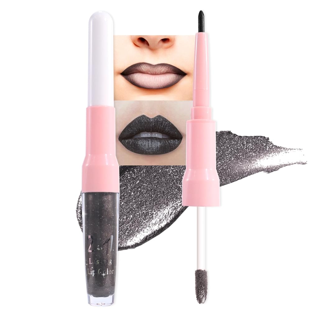 evpct Black Metallic Glitter Lip Liner and Lipstick Combo swatches on skin
