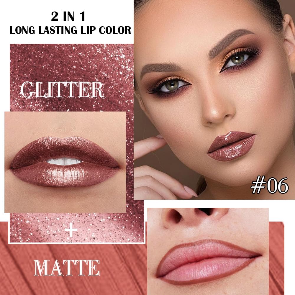 evpct Dark Bronze Metallic Lip Liner and Lipstick Combo on lips