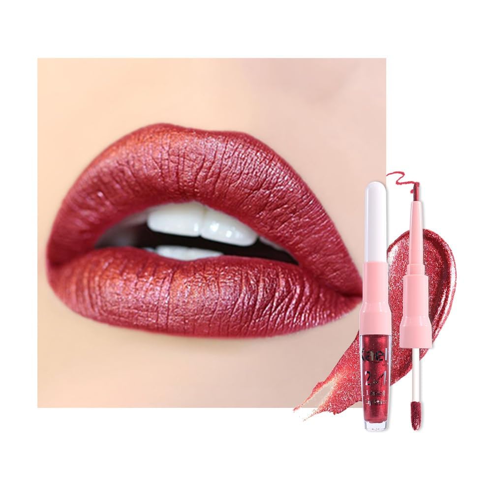 evpct Dark Red Metallic Glitter Lip Liner and Lipstick Combo front view