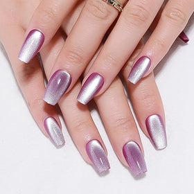 evpct Lavender Purple Cat Eye Glitter Coffin Press on Nails front view