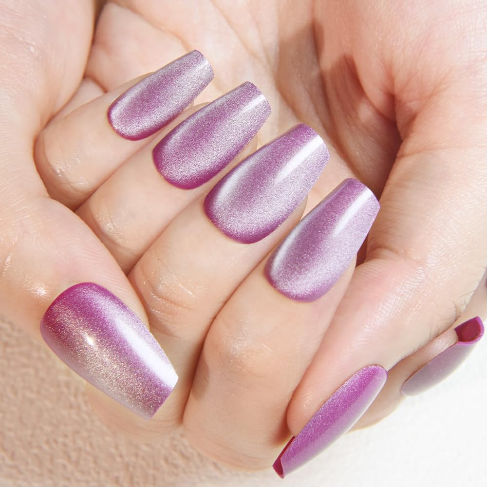 evpct Lavender Purple Cat Eye Glitter Coffin Press on Nails side view