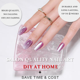evpct Lavender Purple Cat Eye Glitter Press on Nails displayed on a hand