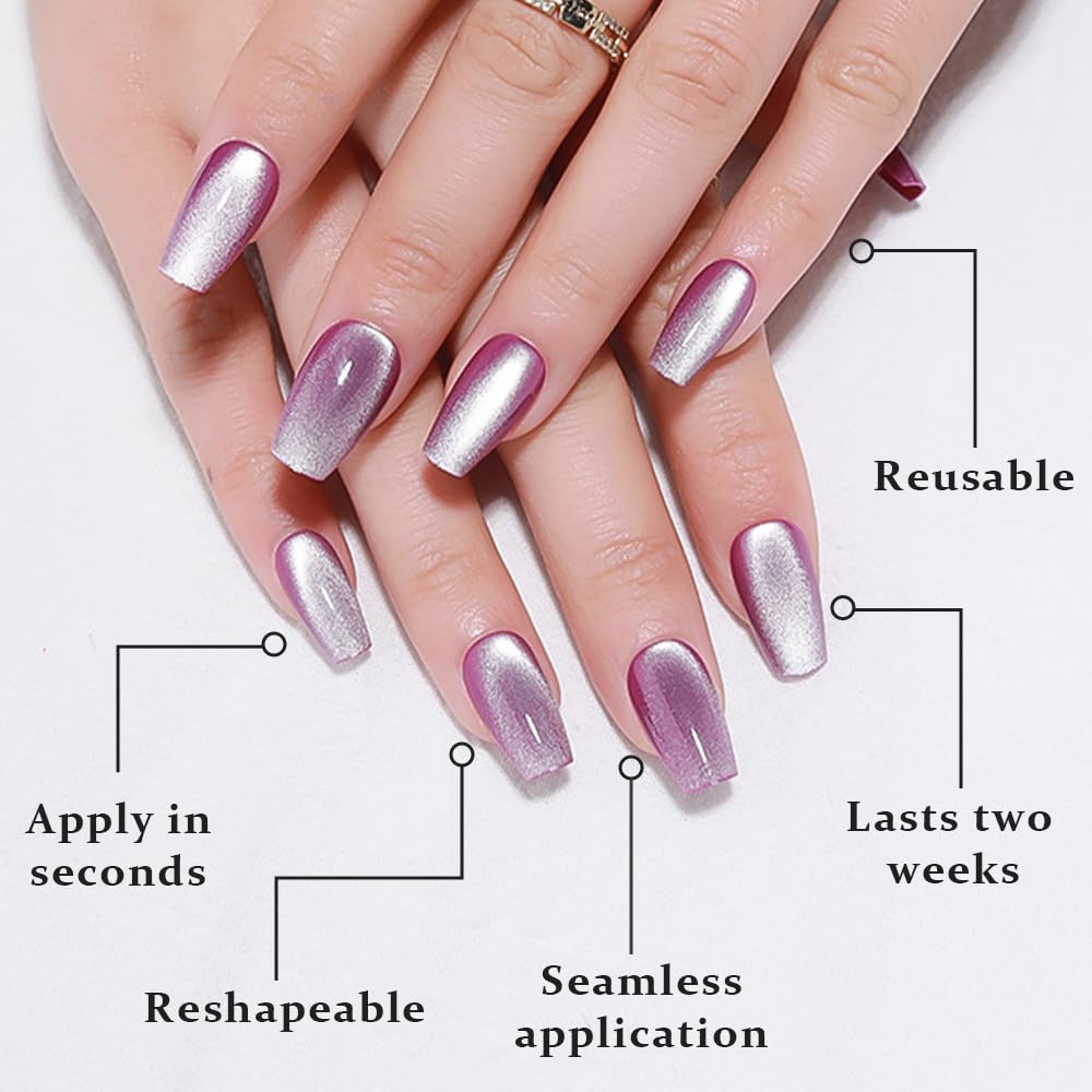 evpct Lavender Purple Cat Eye Glitter Press on Nails with adhesive tabs