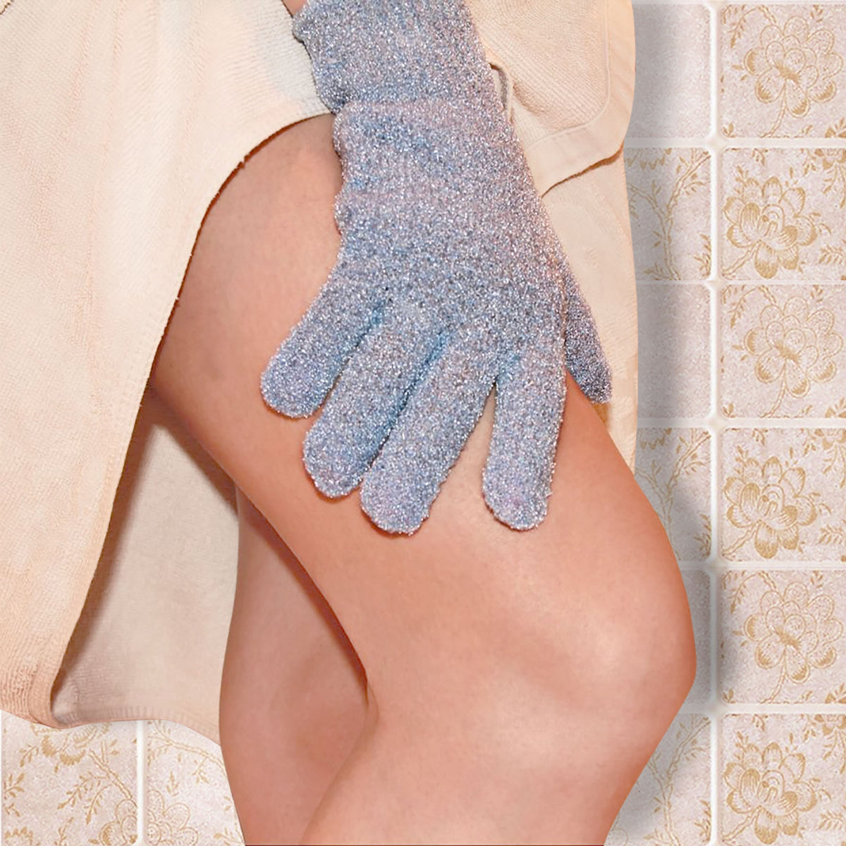 Evridwear Exfoliating Gloves displayed with bath accessories