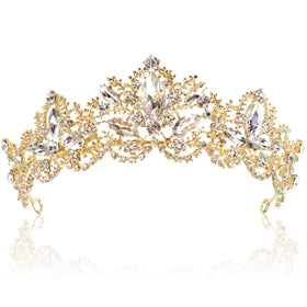Exacoo Gold Tiara Crown front view with rhinestones