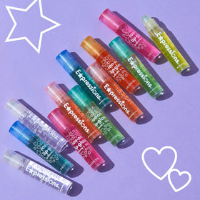 Expressions Girl lip glosses displayed in clear makeup bag