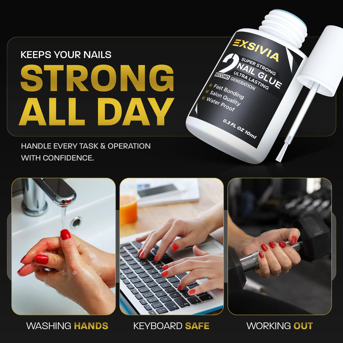 EXSIVIA nail glue showing waterproof feature