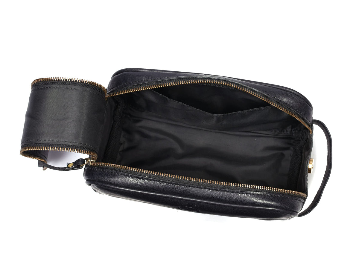 Exterior zippered pocket of AARON Leather Toiletry Pouch