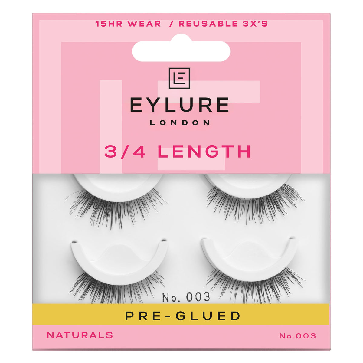 Eylure Pre-Glued False Eyelashes No. 003 front view with packaging