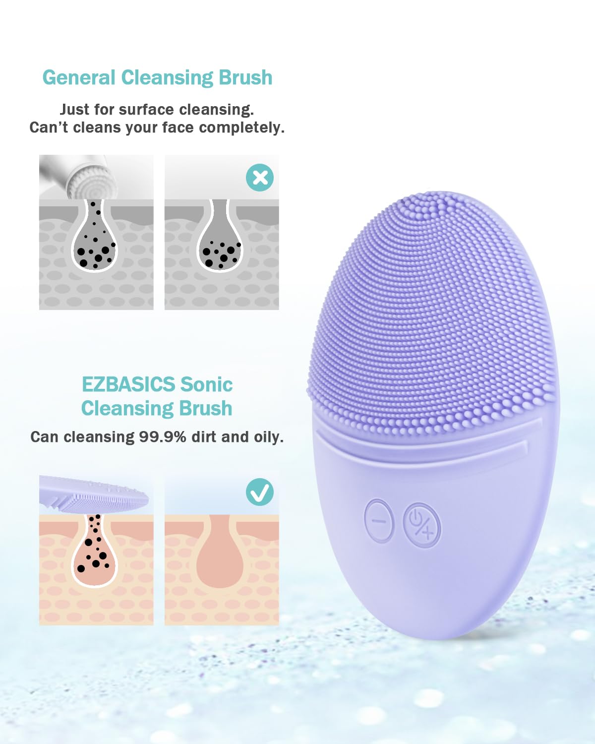 EZBASICS Silicone Facial Cleansing Brush in hand for size reference