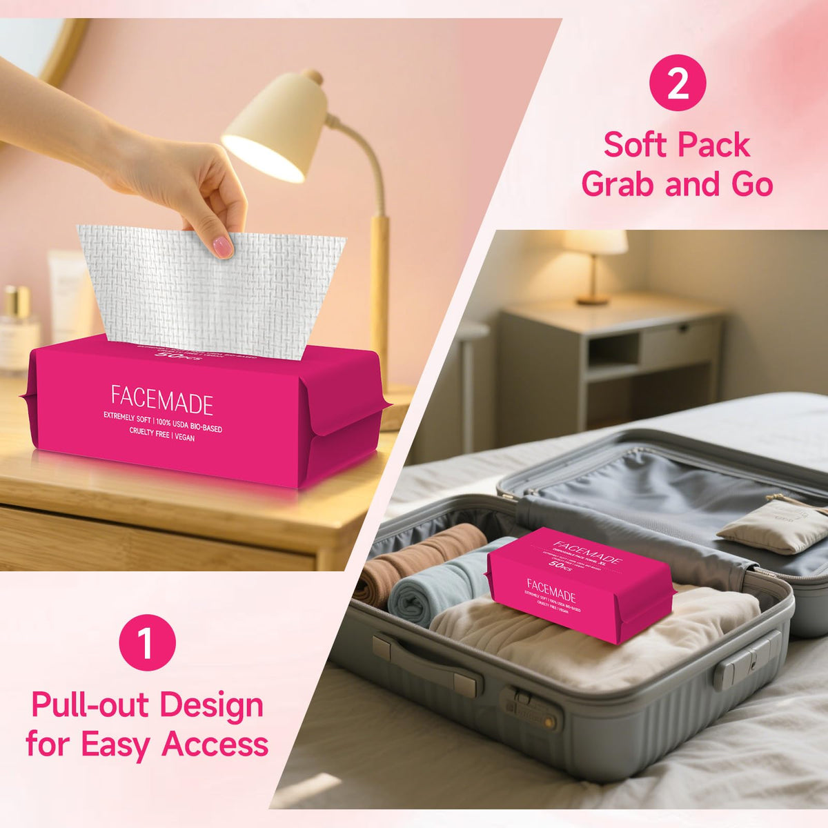 FACEMADE Disposable Face Towels displayed with skincare products