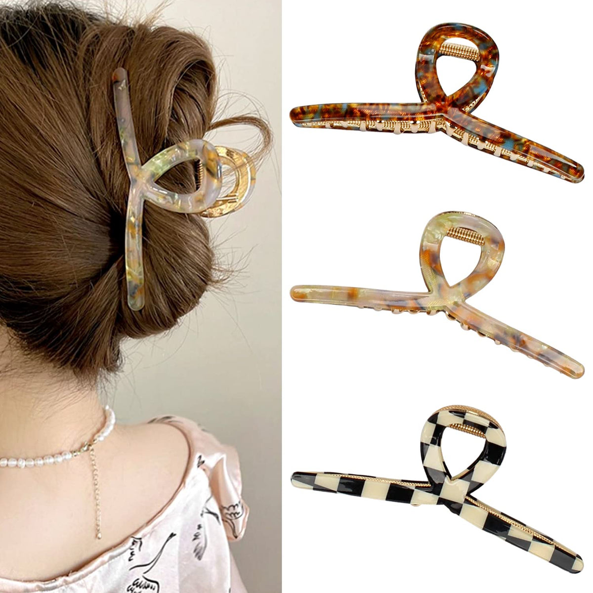 FAELBATY Big Butterfly Hair Claw Clip in black and white check pattern