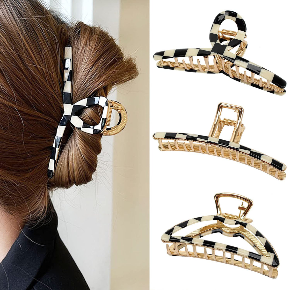 FAELBATY Big Hair Claw Clips Set in checker design, front view