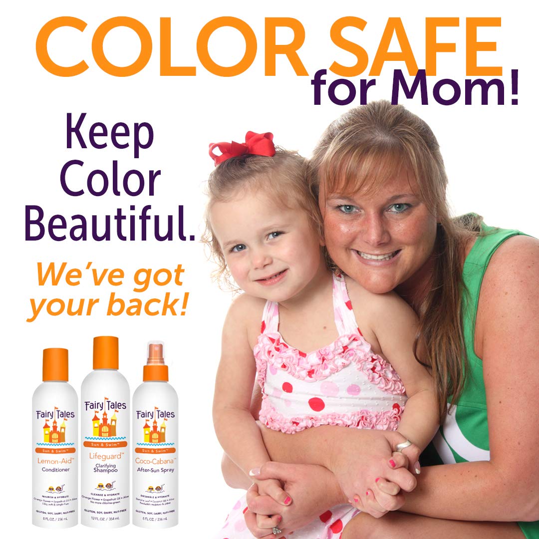 Fairy Tales Sun & Swim shampoo with poolside background
