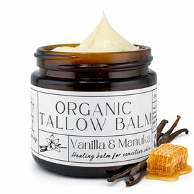 Faith and Grace Organics Beef Tallow Balm front view with vanilla and honey