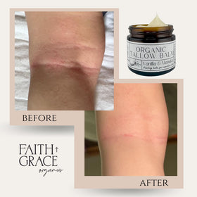 Faith and Grace Organics Beef Tallow Balm with ingredients on a wooden surface