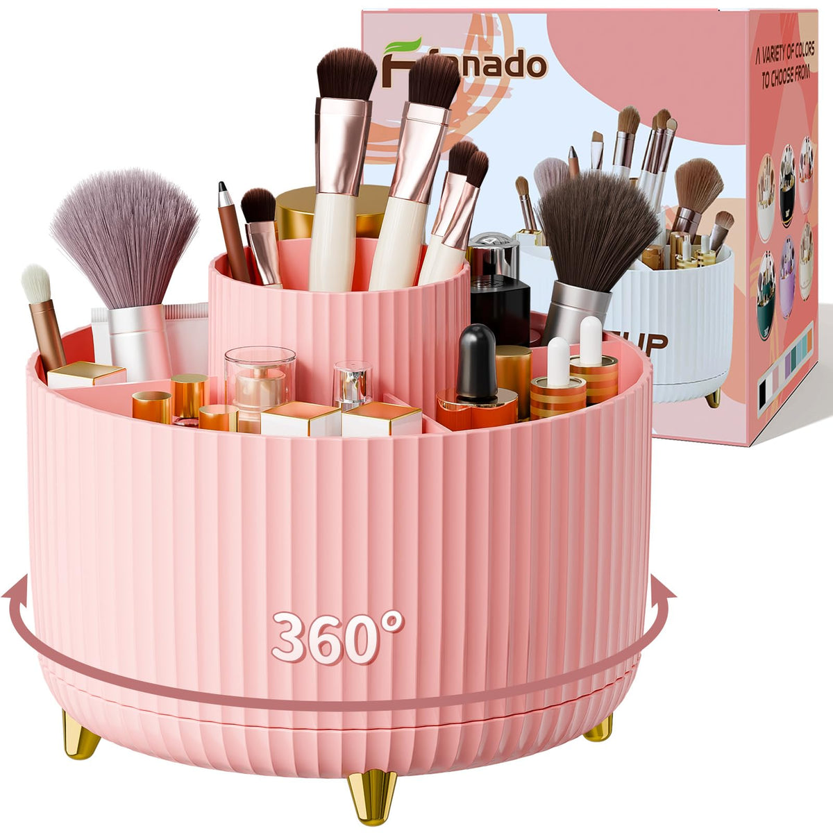 fanado 360° Rotate Makeup Brush Holder Organizer front view in pink