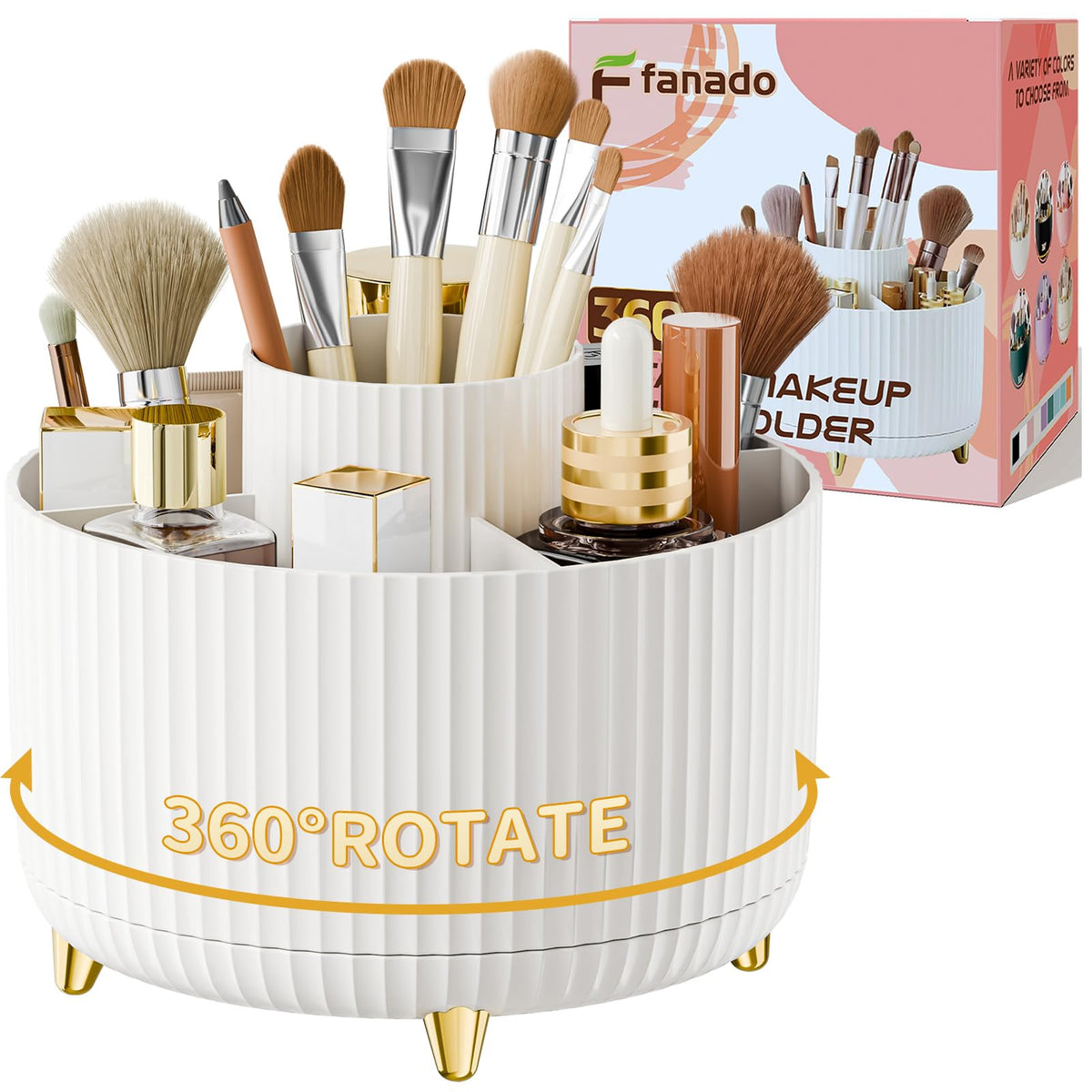 fanado 360° Rotate Makeup Brush Holder Organizer front view, white