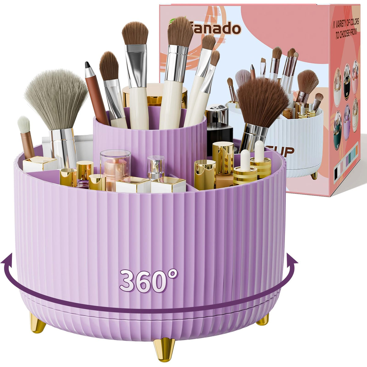 fanado 360° Rotate Makeup Brush Holder Organizer in purple front view