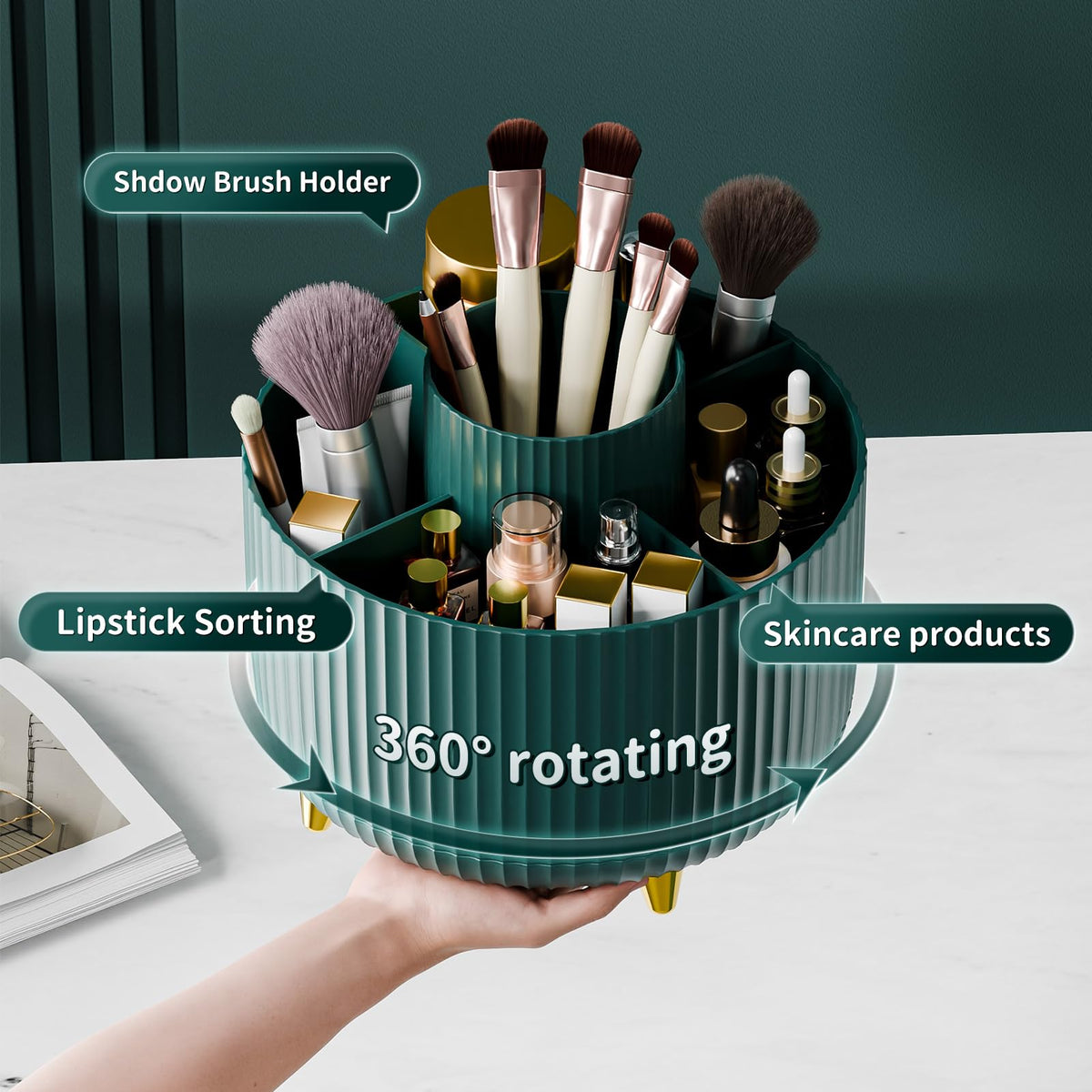 fanado 360° Rotate Makeup Brush Holder Organizer showing compartments