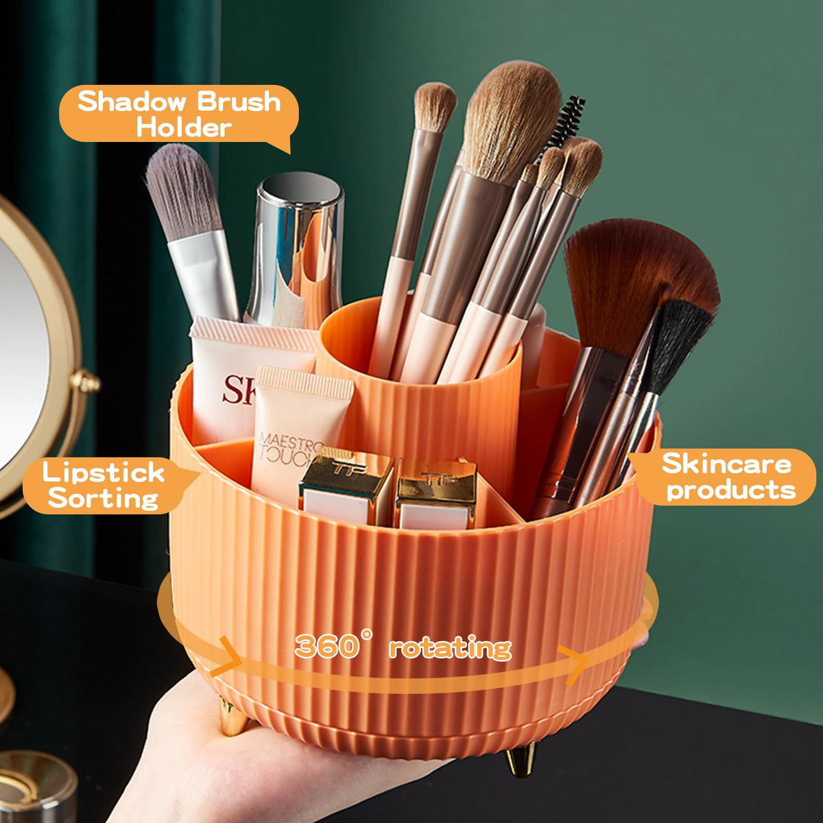 fanado 360° Rotate Makeup Brush Holder Organizer showing compartments