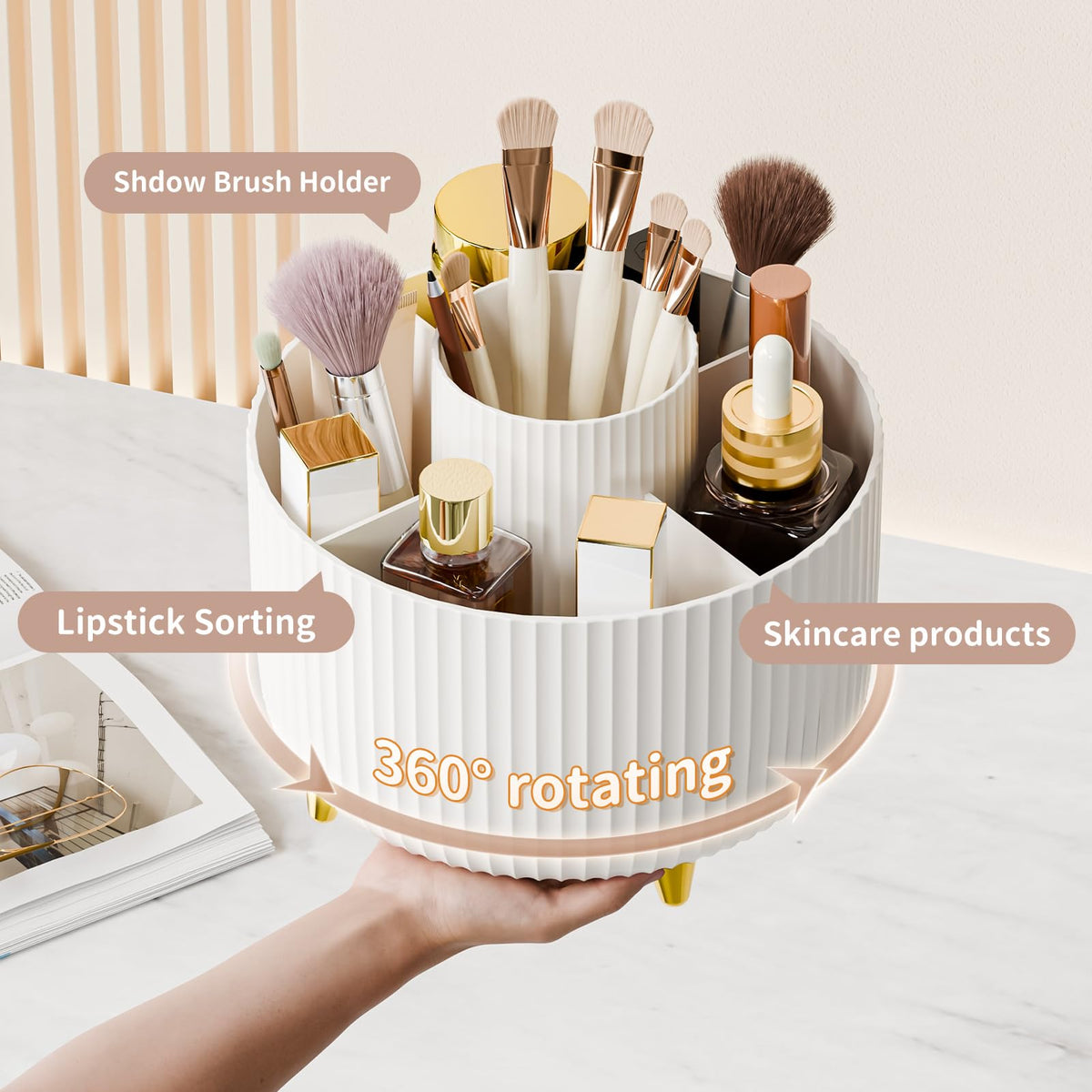 fanado 360° Rotate Makeup Brush Holder Organizer side view, showing compartments