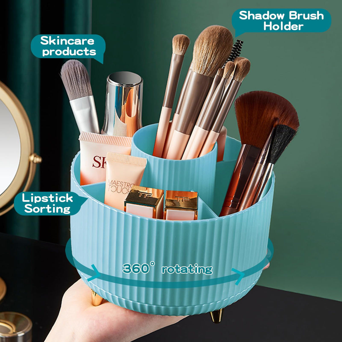 fanado 360° Rotate Makeup Brush Holder Organizer side view with compartments