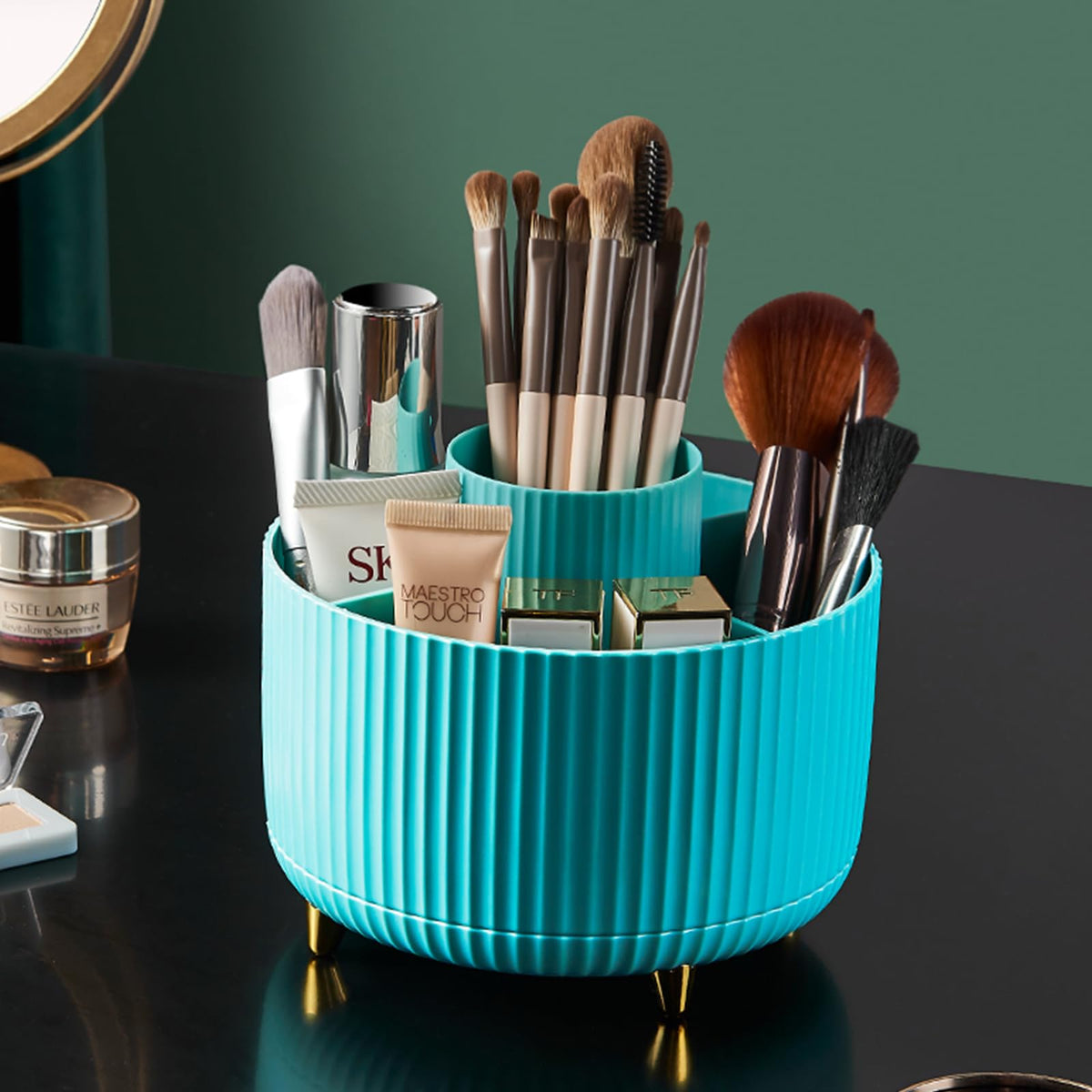 fanado 360° Rotate Makeup Brush Holder Organizer with cosmetics displayed