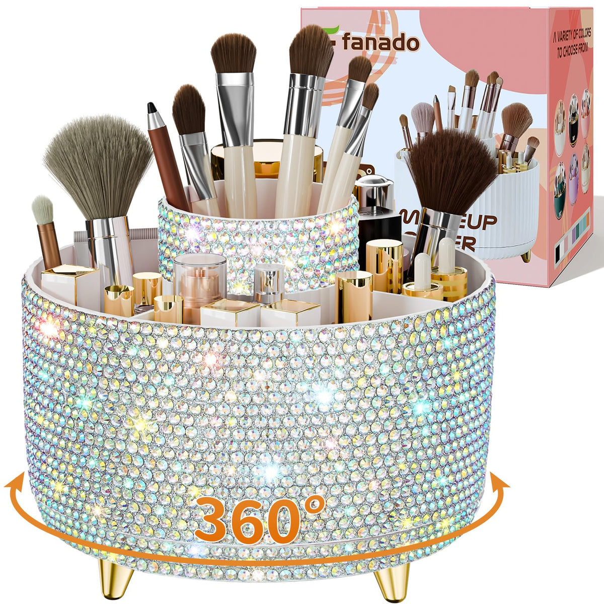 fanado Bling 360° Rotate Makeup Brush Holder Organizer front view