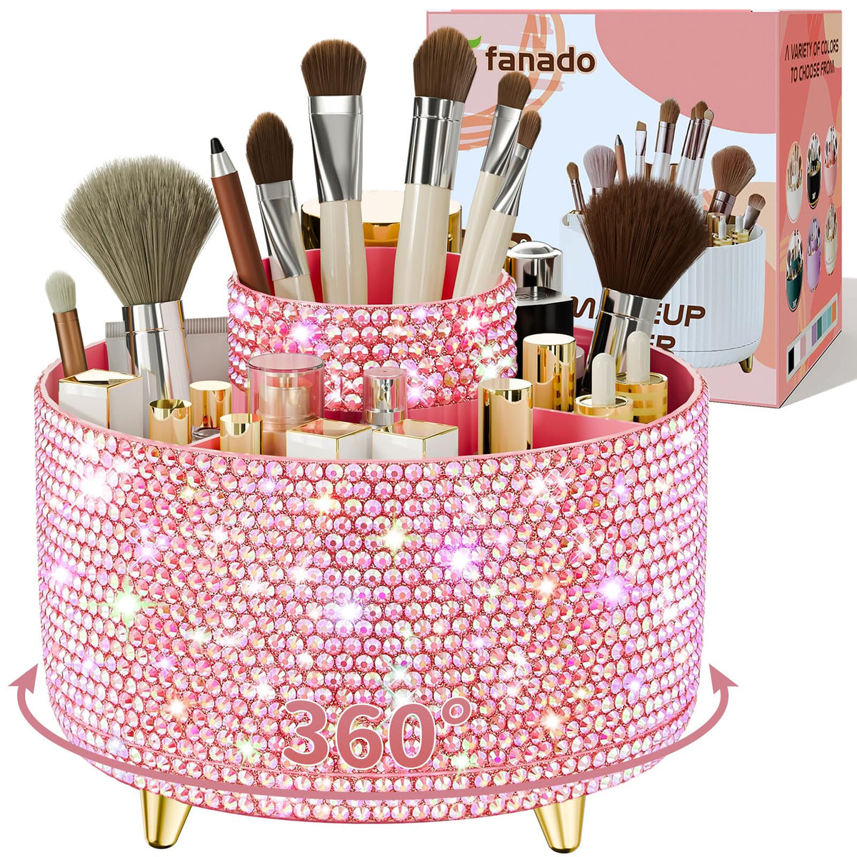 fanado Bling 360° Rotate Makeup Brush Holder Organizer in pink
