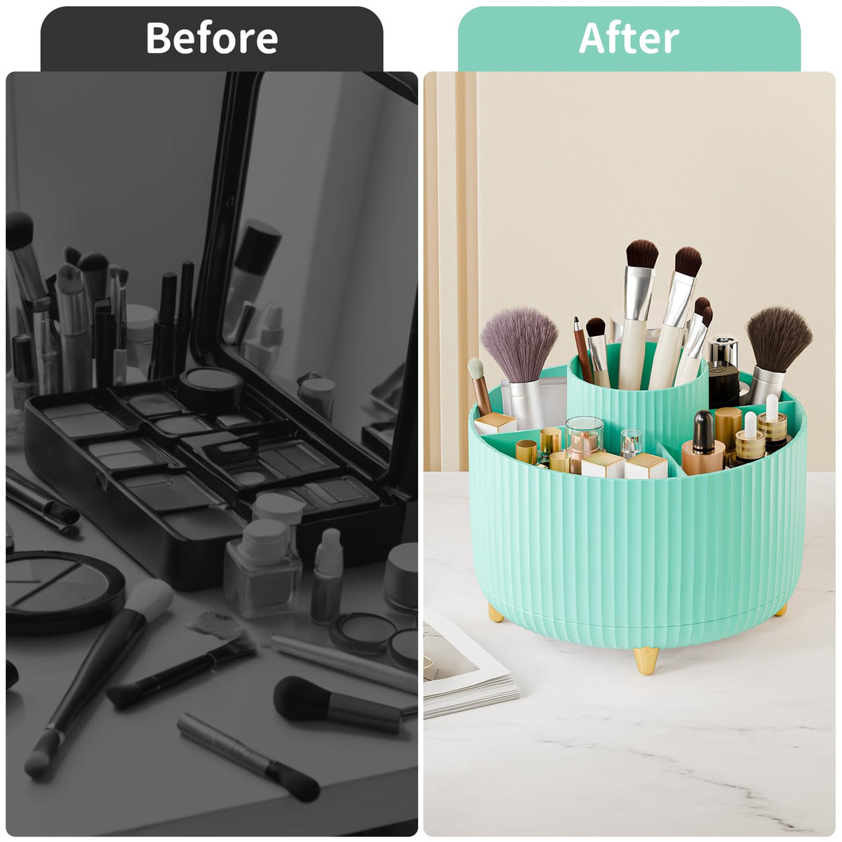 fanado makeup brush holder in use with various cosmetics