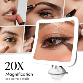 Fancii 20x Magnifying Makeup Mirror with three light settings displayed