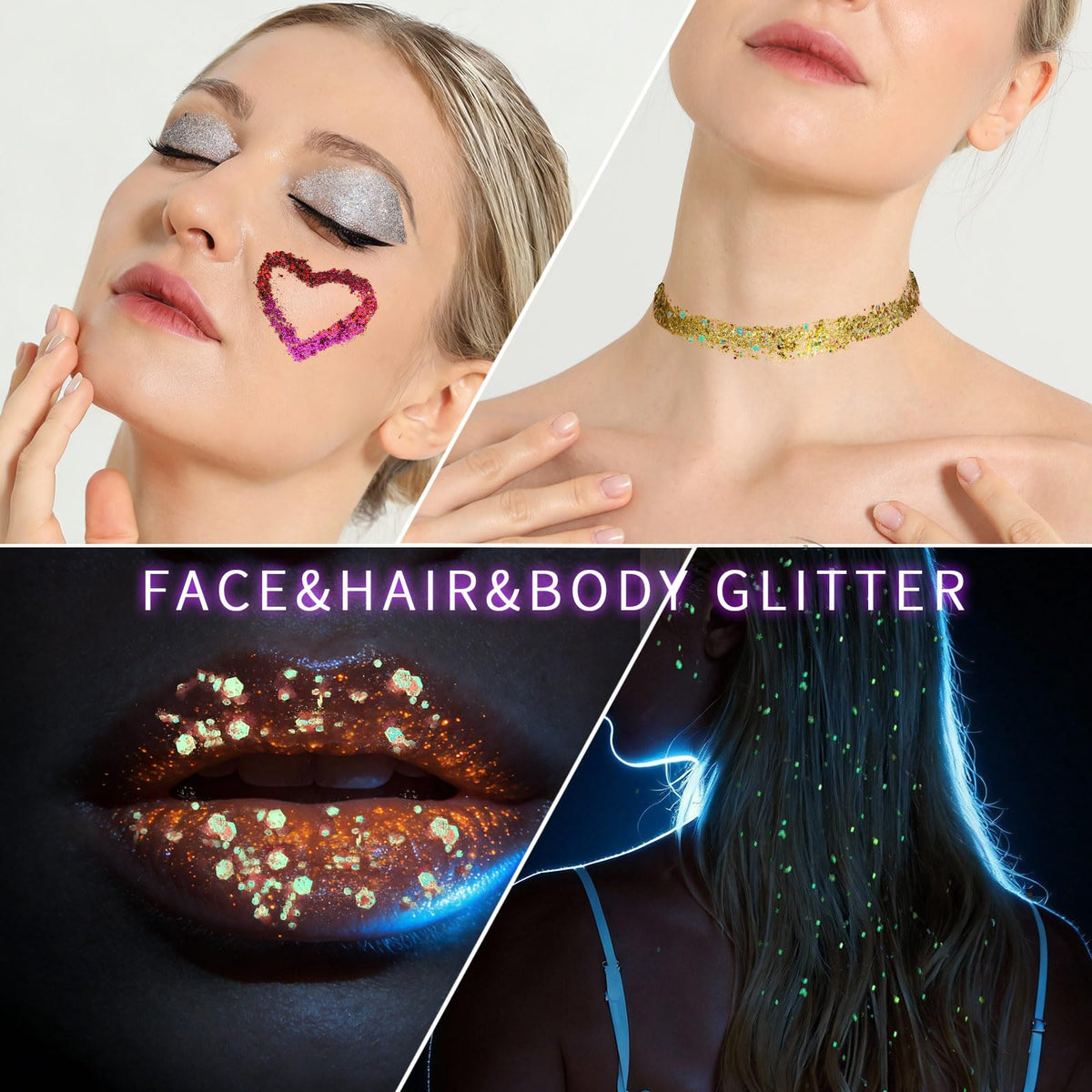 Fandamei glitter applied to hair for a festive look