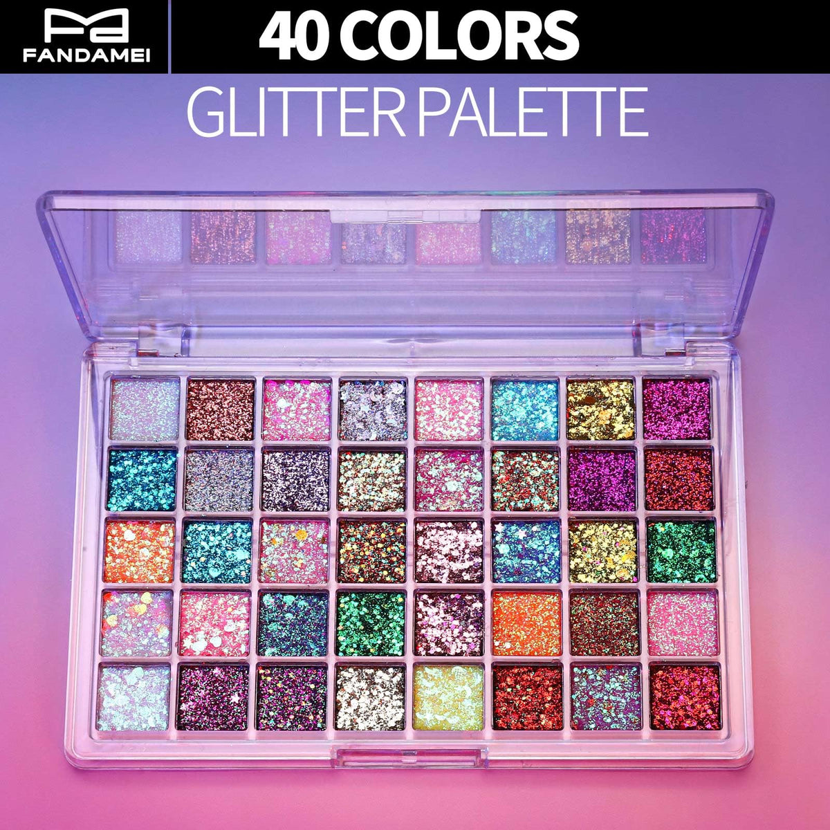 Fandamei glitter gel palette showing various glitter shapes and colours
