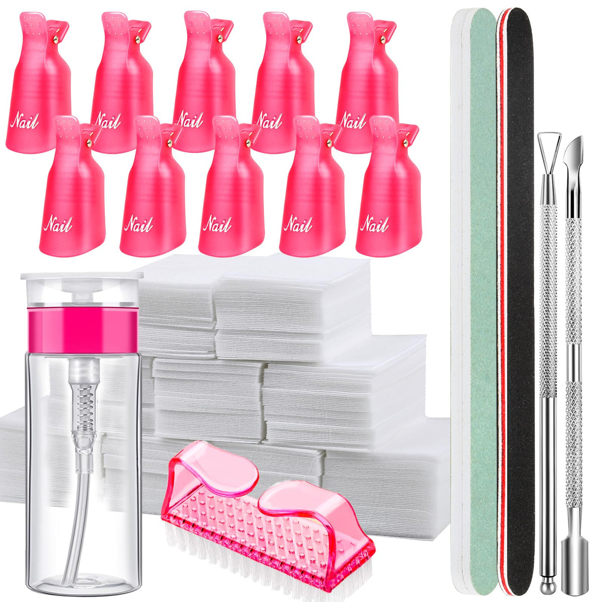 Fandamei Nail Polish Gel Remover Kit including clips and remover bottle