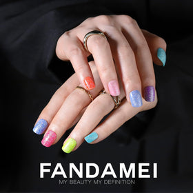 Fandamei Press on Nails Kit showing fine glitter designs