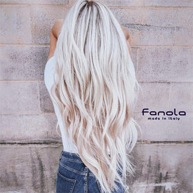 Fanola No Yellow Shampoo and Conditioner on a bathroom shelf
