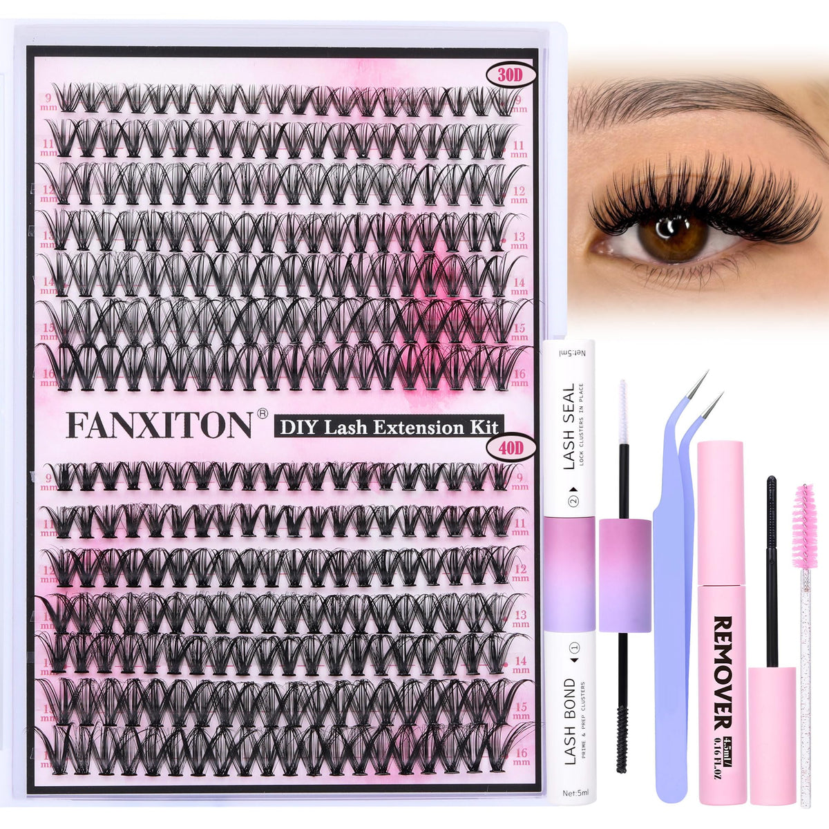 FANXITON DIY Lash Extension Kit 280 pcs with tools and clusters
